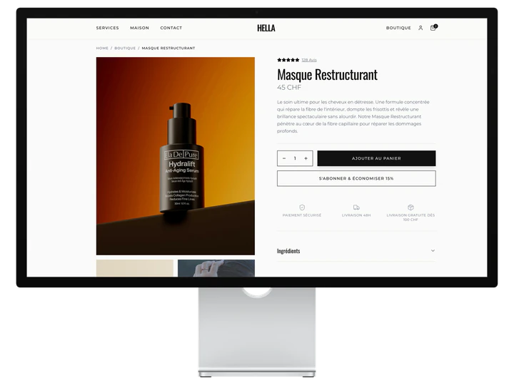 Hella product page and subscription offer displayed on an Apple Studio Display.