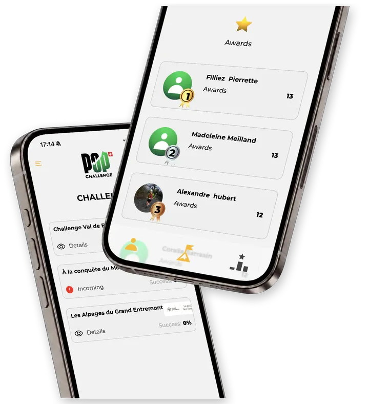 Two Pop-up Challenge app screens, Challenges and Awards, presented in iPhones.