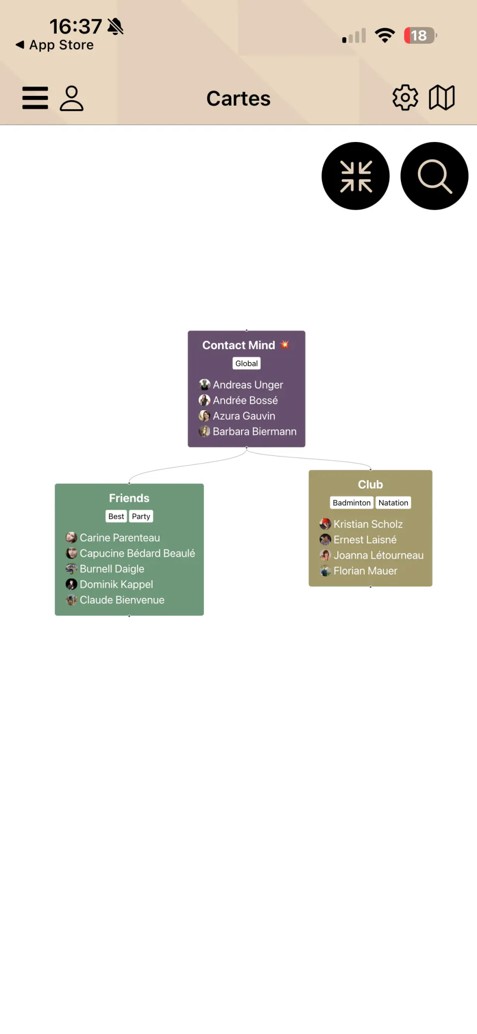 Application Contact Mind montrant l’organisation des groupes de contacts.