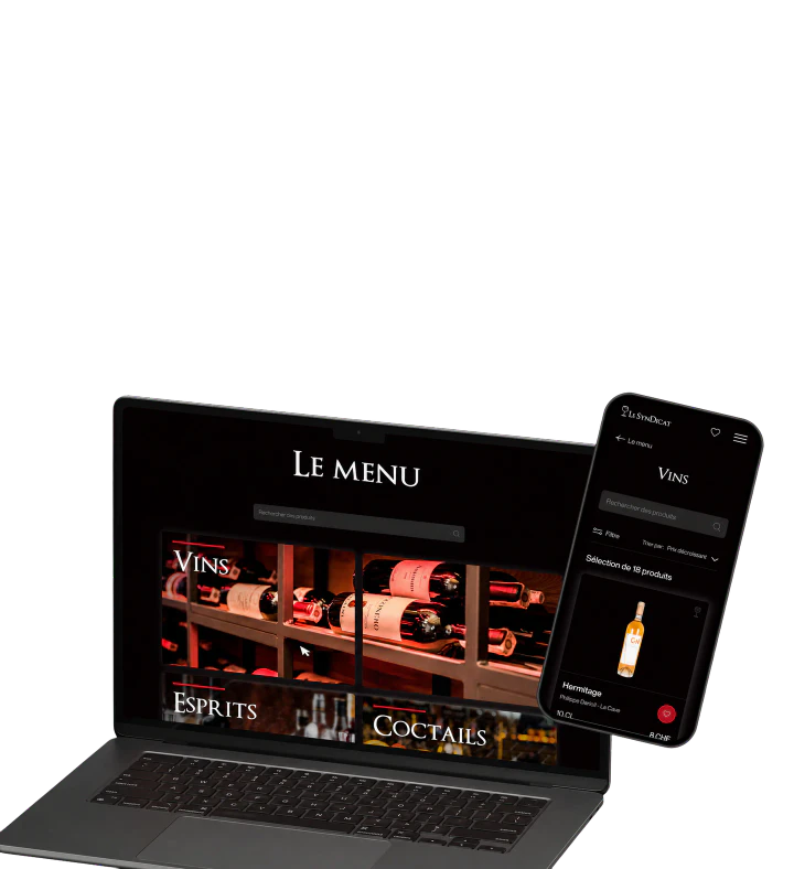 The bar’s website displayed on a laptop and phone, featuring the Le Syndicat gallery.