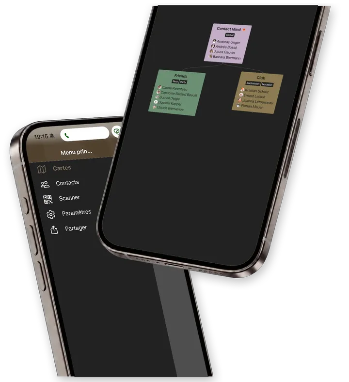Two Contact Mind app screens, Cards and the main menu, presented in iPhones.