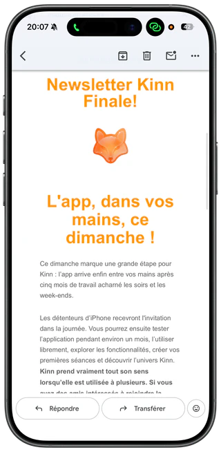 Kinn launch newsletter displayed in an iPhone.
