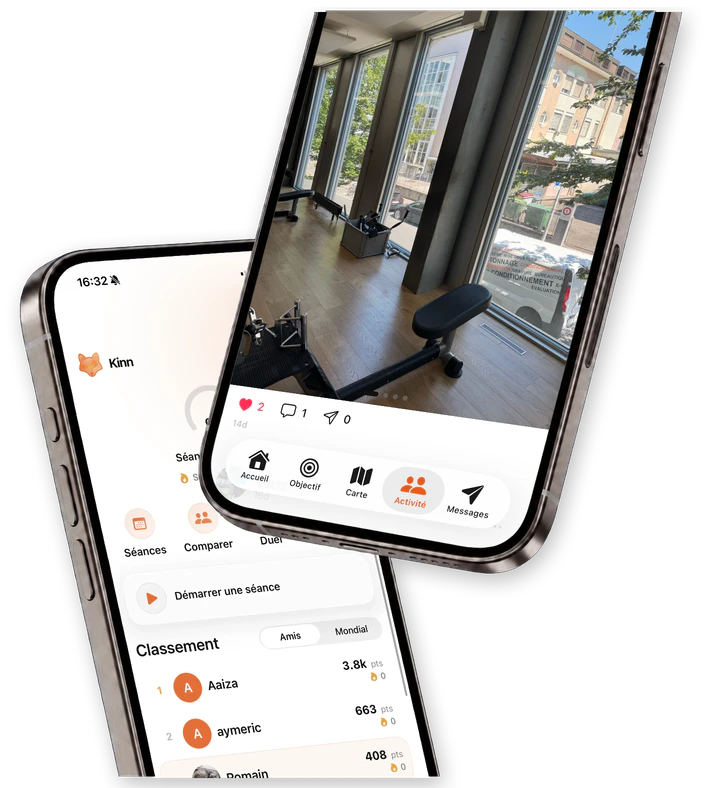 Kinn’s Home and Activity screens displayed in iPhones.