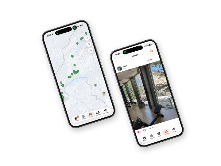 Two Kinn screens showing the location map and activity feed.