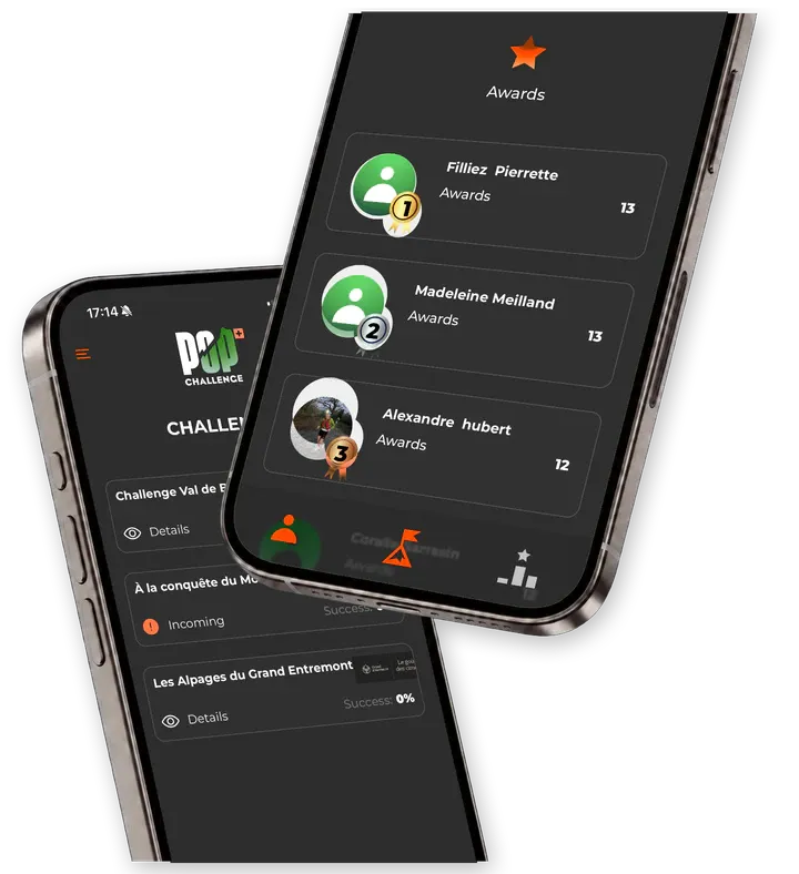 Two Pop-up Challenge app screens, Challenges and Awards, presented in iPhones.