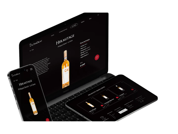 Le Syndicat wine page displayed on a laptop, tablet and phone.