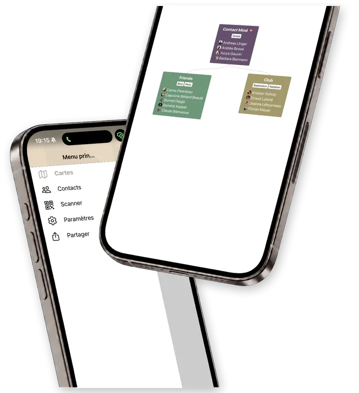 Two Contact Mind app screens, Cards and the main menu, presented in iPhones.