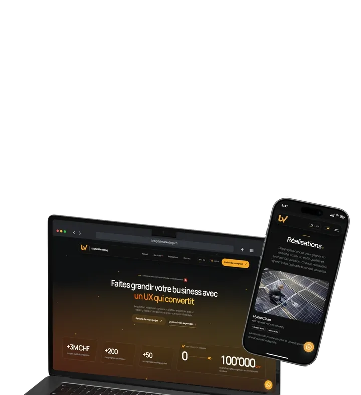 LV Digital Marketing website presented on a laptop and phone.