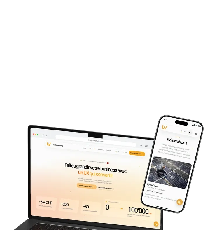 LV Digital Marketing website presented on a laptop and phone.
