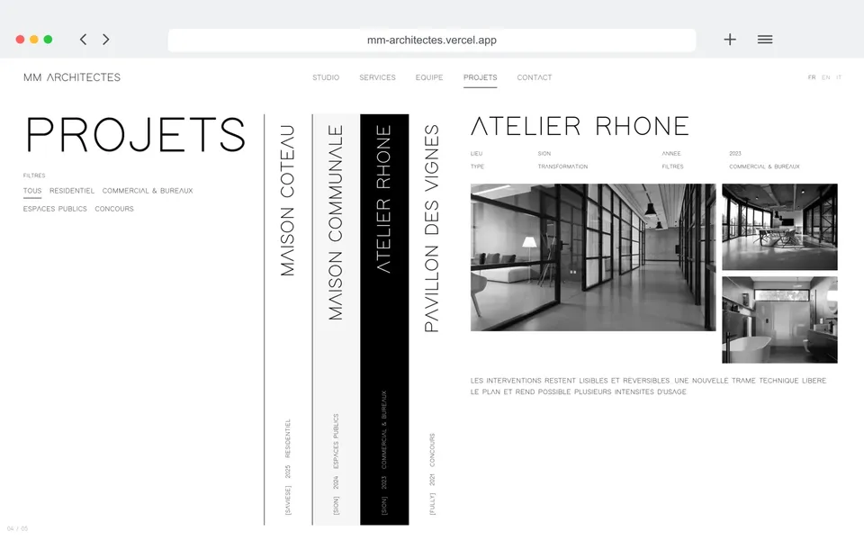 MM Architectes portfolio website mockup, with the final V1 still pending.