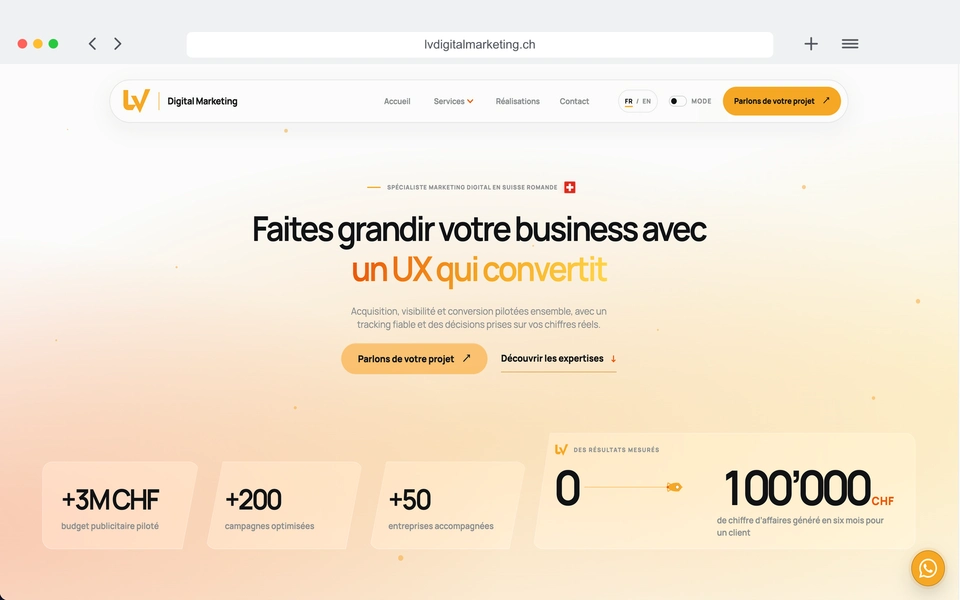 LV Digital Marketing website presenting its approach and Lyndon Vouilloz.